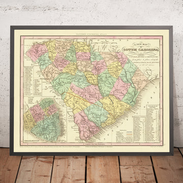 Mapa antiguo de Carolina del Sur por Tanner, 1836: Charleston, Columbia, Camden, Georgetown y Beaufort
