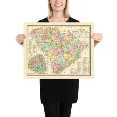 Mapa antiguo de Carolina del Sur por Tanner, 1836: Charleston, Columbia, Camden, Georgetown y Beaufort