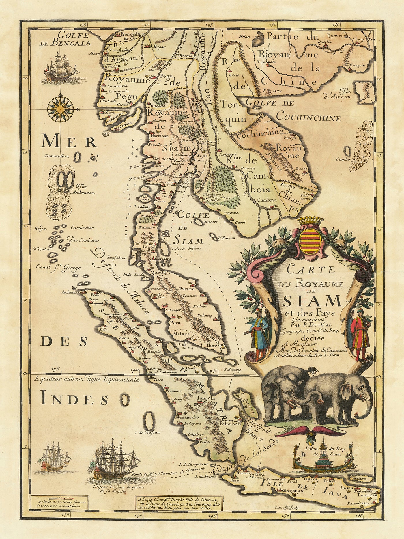 Mapa antiguo de Tailandia e Indonesia de Pierre Du Val, 1686: Ayutthaya, Bangkok, Java, Sumatra, Malaca