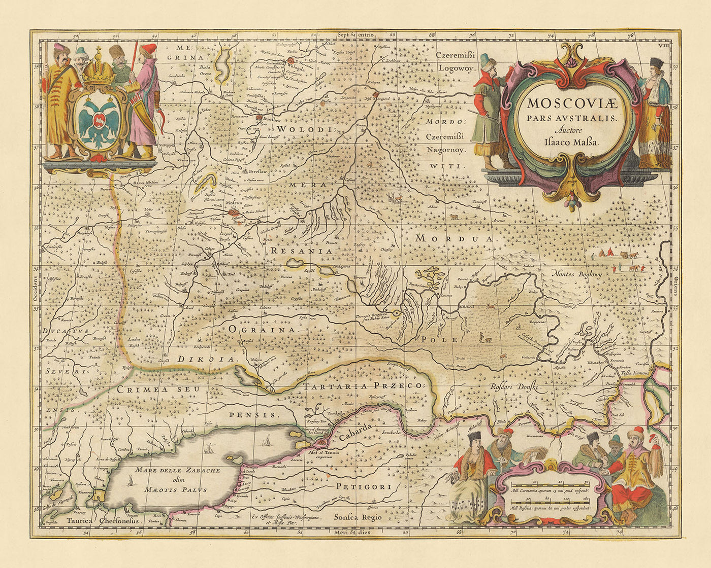 Old Map of Southern Russia by Visscher, 1690: Moscow, Yaroslavl, Vologda, Nizhny Novgorod, Rostov-on-Don