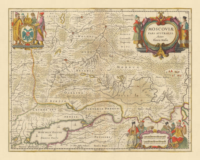 Antiguo mapa del sur de Rusia por Visscher, 1690: Moscú, Yaroslavl, Vologda, Nizhny Novgorod, Rostov del Don