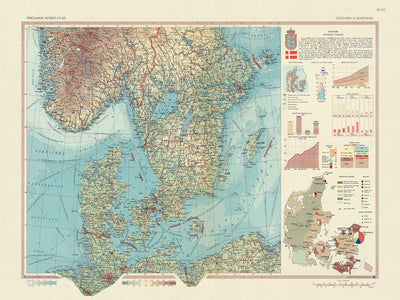 Mapa antiguo de Dinamarca, 1967: Copenhague, Aarhus, Odense, Aalborg, Esbjerg
