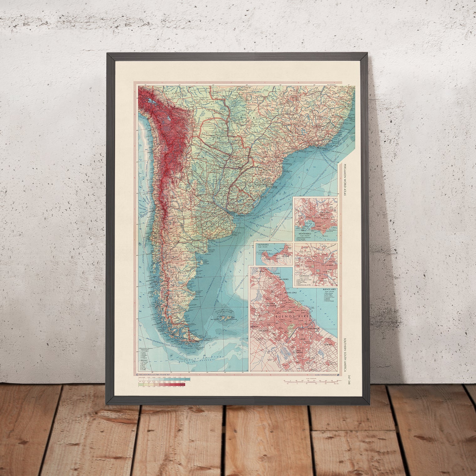 Old Map of Southern South America, 1967: Patagonia, Montevideo, Valpar ...