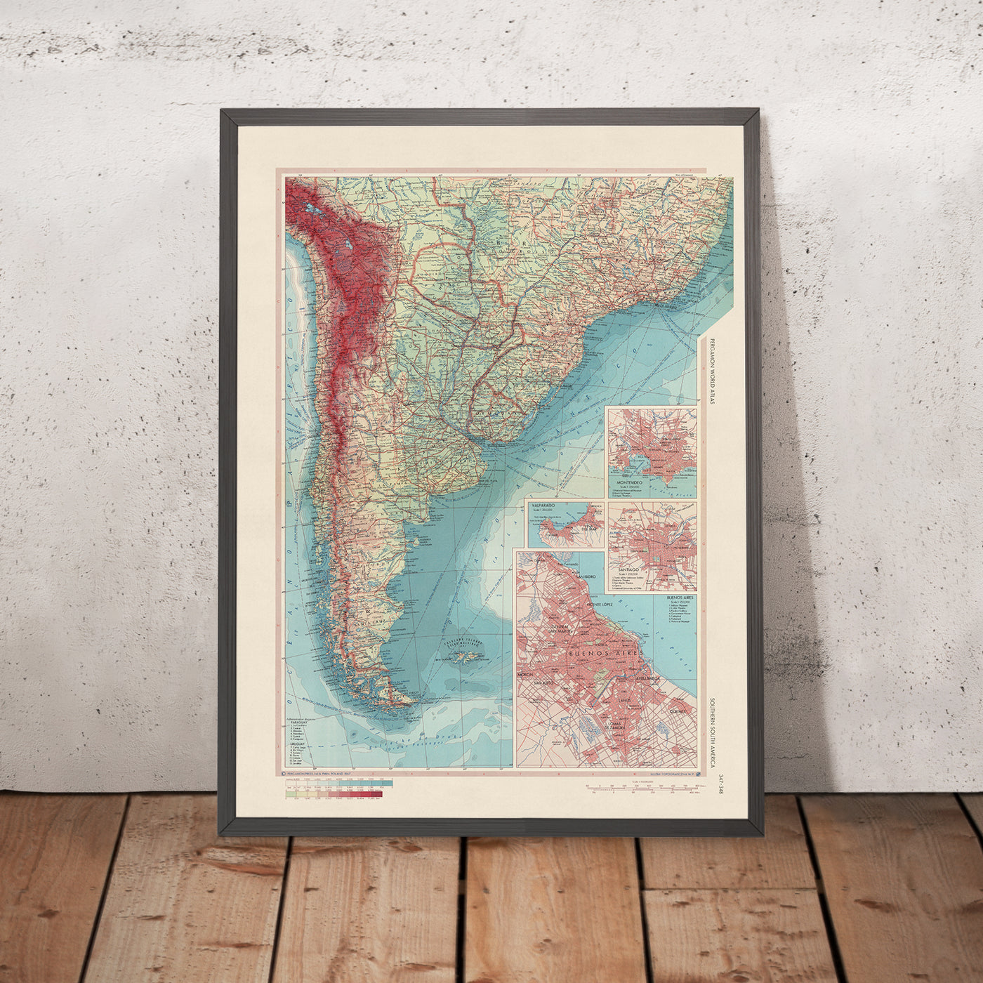 Alte Karte von Südsüdamerika, 1967: Montevideo, Valparaiso, Santiago, Buenos Aires und Brasilia