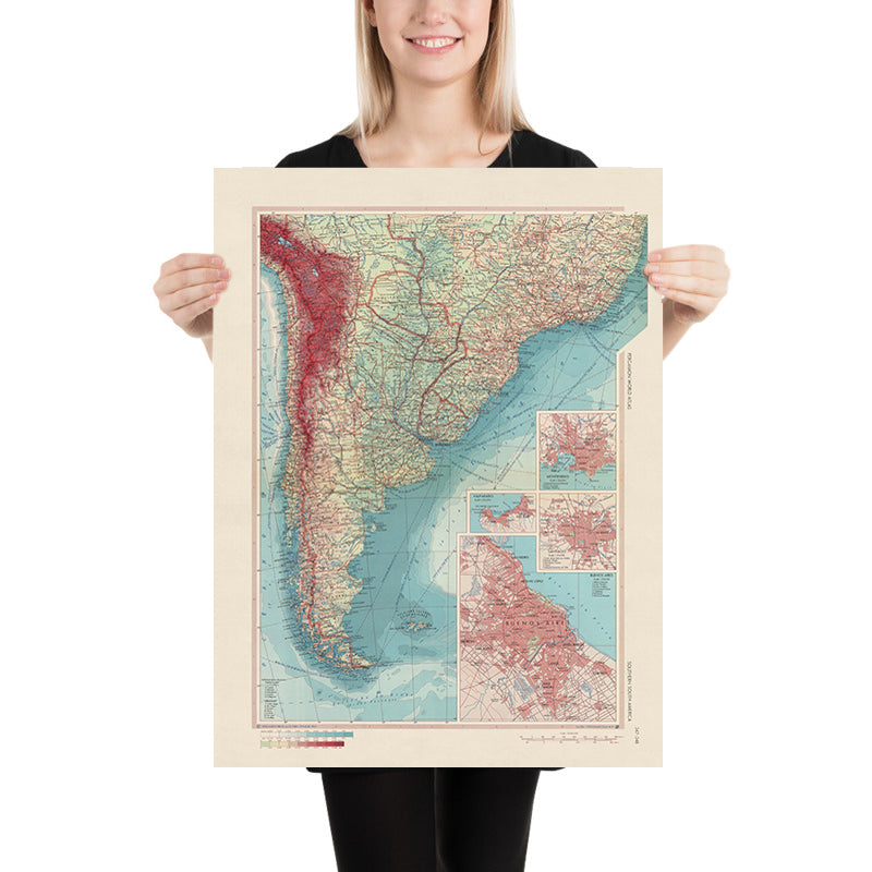 Ancienne carte du sud de l'Amérique du Sud, 1967 : Montevideo, Valparaiso, Santiago, Buenos Aires et Brasilia
