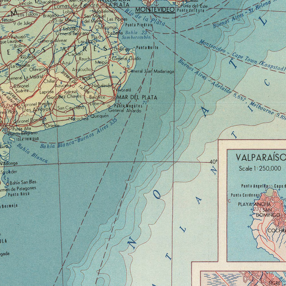 Antiguo mapa del sur de América del Sur, 1967: Montevideo, Valparaíso, Santiago, Buenos Aires y Brasilia