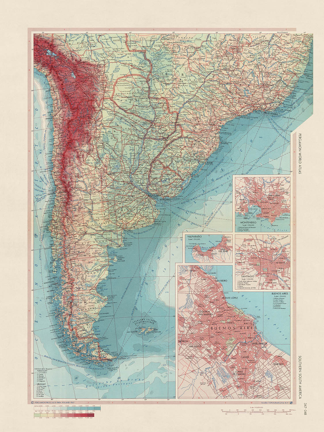 Antiguo mapa del sur de América del Sur, 1967: Montevideo, Valparaíso, Santiago, Buenos Aires y Brasilia