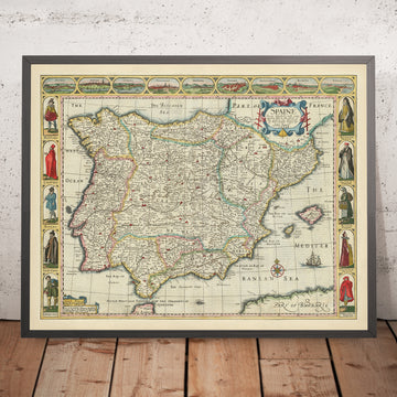 Alte Karte von Spanien und Portugal von Speed, 1626: Madrid, Lissabon, Gibraltar, Biscayenmeer, Kulturleben 