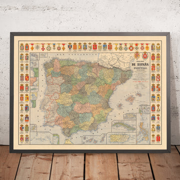 Alte Karte von Spanien und Portugal von Dosseray, 1892: Reiche, Kolonien, Puerto Rico, Philippinen, Kuba 