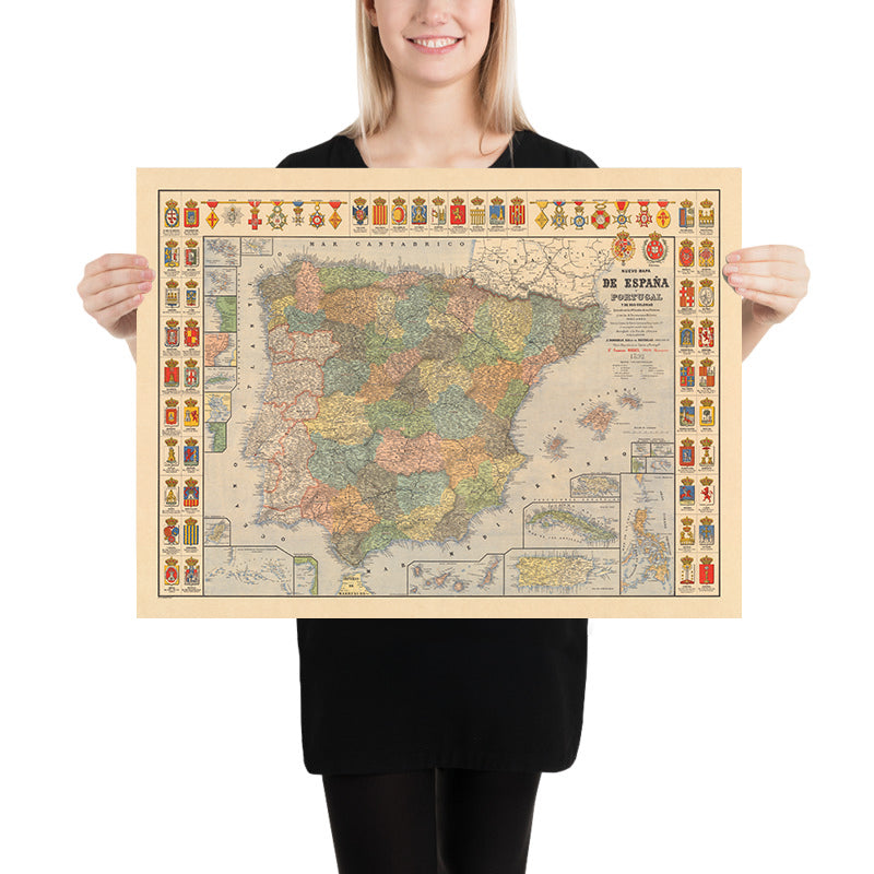 Mapa antiguo de España y Portugal de Dosseray, 1892: Imperios, Colonias, Puerto Rico, Filipinas, Cuba