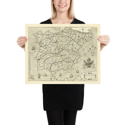 Antiguo mapa pictórico de España y Portugal de Zenoi, 1560: columnas de Hércules, Sevilla, Lisboa, Pirineos, monstruos marinos