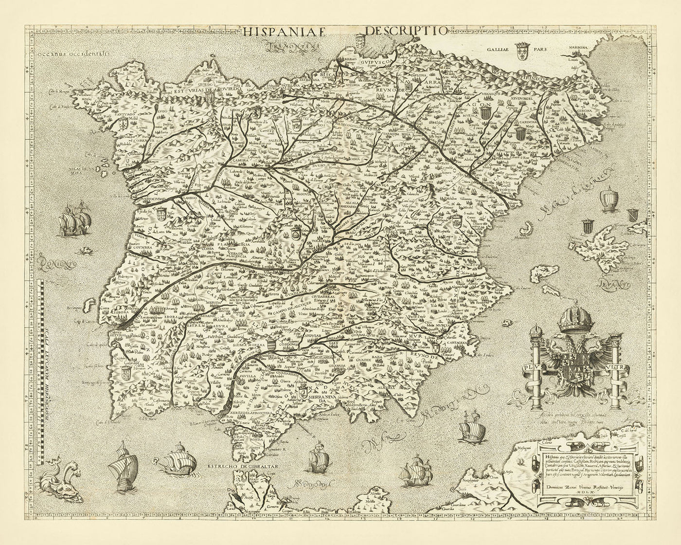 Antiguo mapa pictórico de España y Portugal de Zenoi, 1560: columnas de Hércules, Sevilla, Lisboa, Pirineos, monstruos marinos
