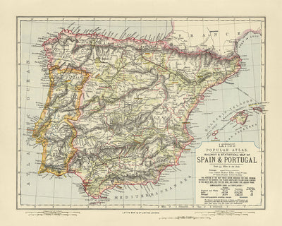 Antiguo mapa temático de España y Portugal, 1883: Madrid, Lisboa, Pirineos, río Guadalquivir, regiones vinícolas