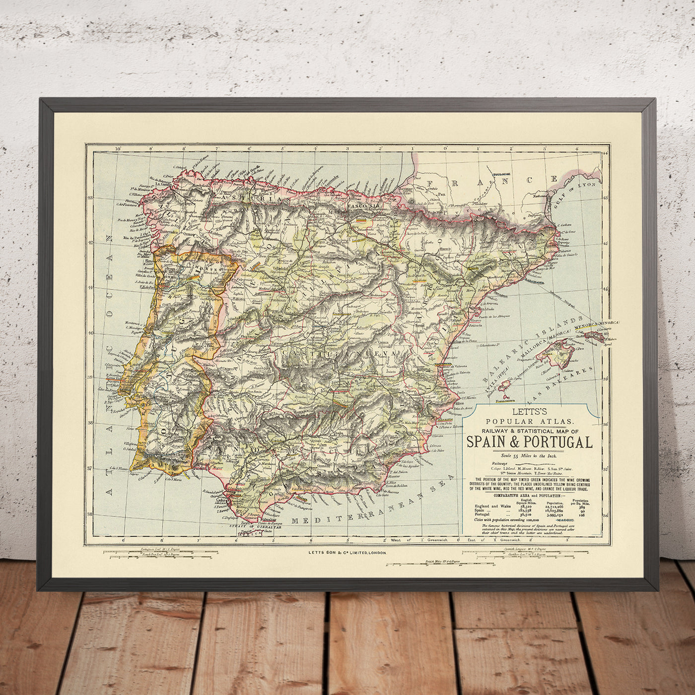 Alte thematische Karte von Spanien und Portugal, 1883: Madrid, Lissabon, Pyrenäen, Fluss Guadalquivir, Weinregionen