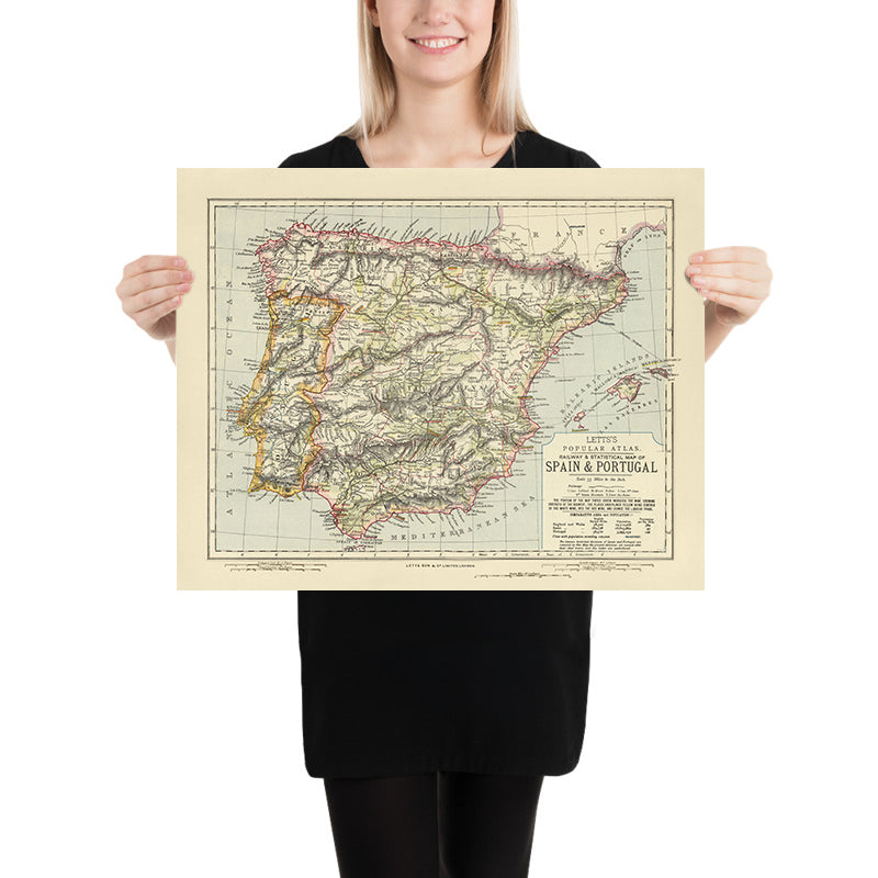 Antiguo mapa temático de España y Portugal, 1883: Madrid, Lisboa, Pirineos, río Guadalquivir, regiones vinícolas