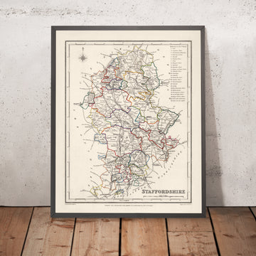 Mapa antiguo de Staffordshire por Samuel Lewis, 1844: Wolverhampton, Stoke-on-Trent, Lichfield, Tamworth, Cannock Chase
