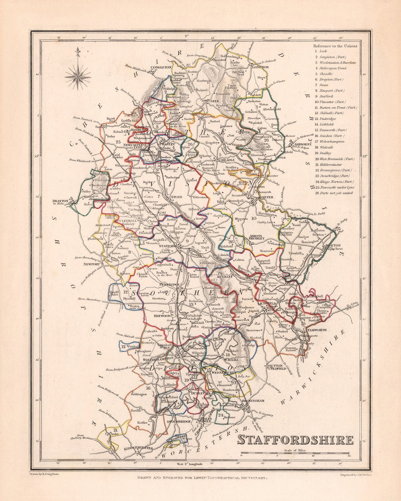 Mapa antiguo de Staffordshire por Samuel Lewis, 1844: Wolverhampton, Stoke-on-Trent, Lichfield, Tamworth, Cannock Chase