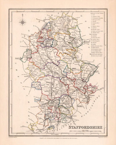 Ancienne carte du Staffordshire par Samuel Lewis, 1844 : Wolverhampton, Stoke-on-Trent, Lichfield, Tamworth, Cannock Chase