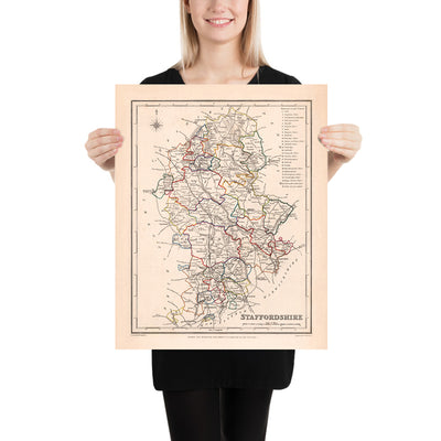Alte Karte von Staffordshire von Samuel Lewis, 1844: Wolverhampton, Stoke-on-Trent, Lichfield, Tamworth, Cannock Chase