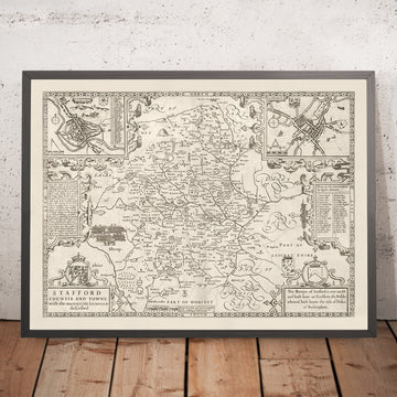 Antiguo mapa monocromo de Staffordshire, 1611 por John Speed - Stafford, Wolverhampton, Stoke-on-Trent, Birmingham, Walsall, Dudley