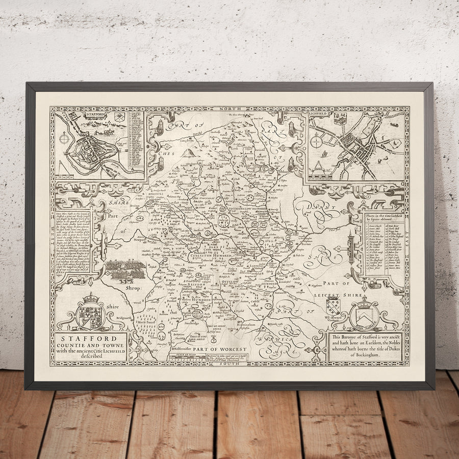 Vecchia mappa monocromatica del Staffordshire, 1611 di John Speed - Stafford, Wolverhampton, Stoke-on-Trent, Birmingham, Walsall, Dudley 