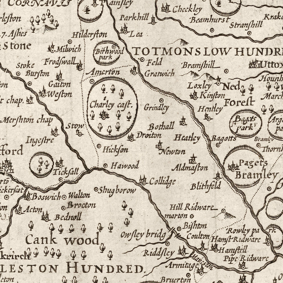 Vecchia mappa monocromatica del Staffordshire, 1611 di John Speed - Stafford, Wolverhampton, Stoke-on-Trent, Birmingham, Walsall, Dudley 
