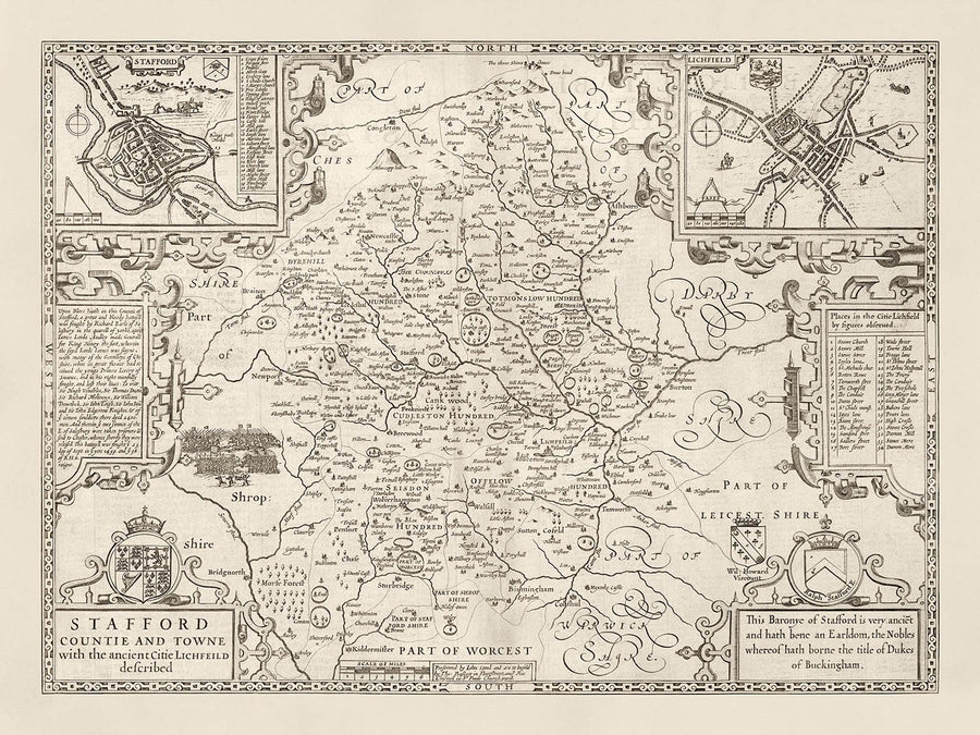 Vecchia mappa monocromatica del Staffordshire, 1611 di John Speed - Stafford, Wolverhampton, Stoke-on-Trent, Birmingham, Walsall, Dudley 