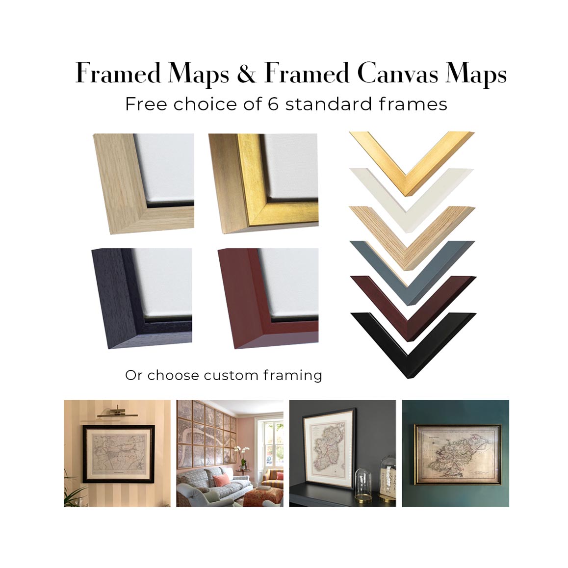 Image showing standard framed map, standard framed canvas and custom framing finishes