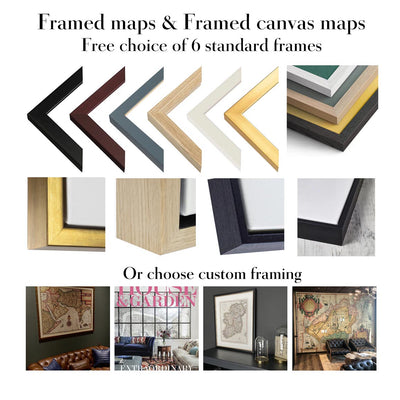 Thumbnail image showing standard framed map, standard framed canvas and custom framing finishes
