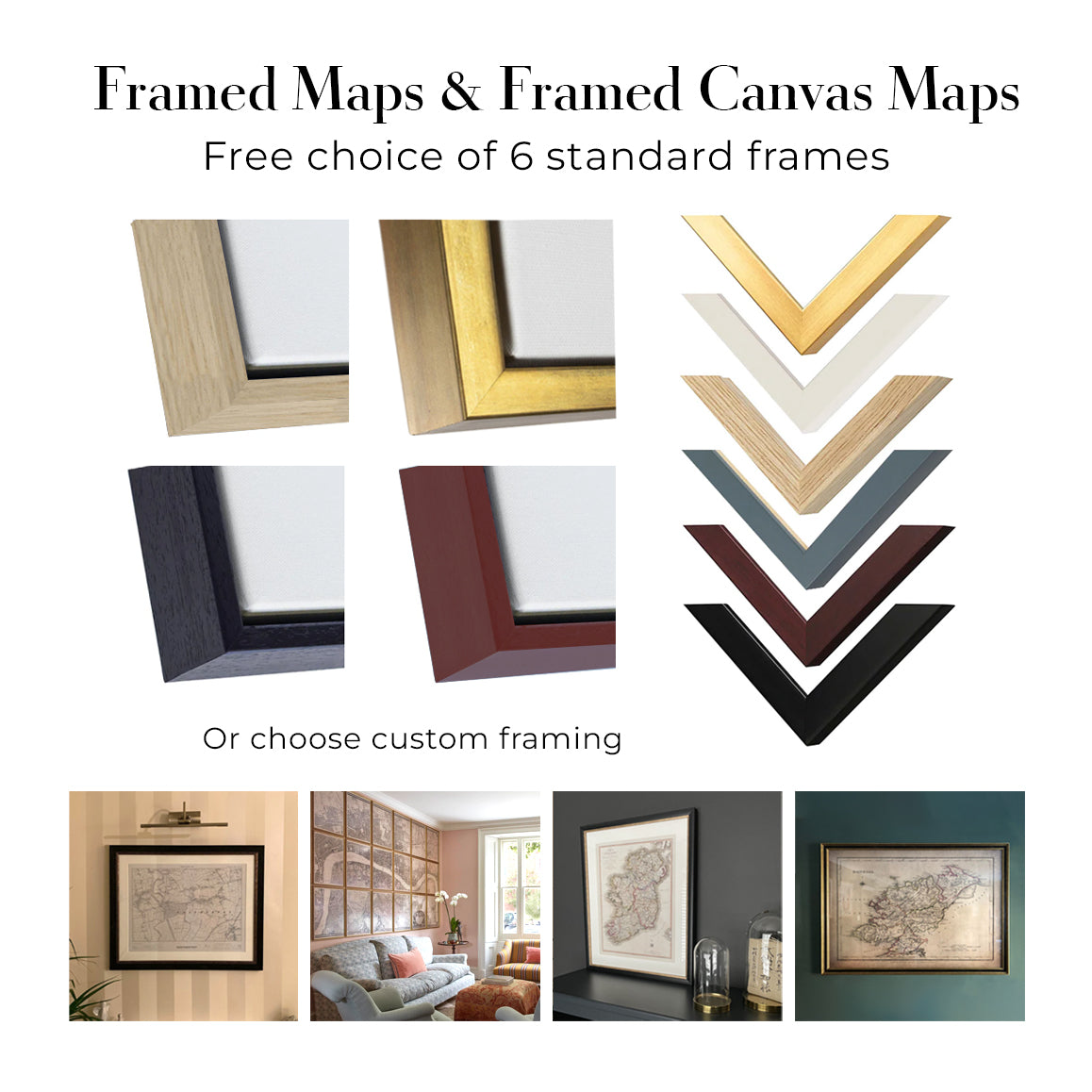 Image showing standard framed map, standard framed canvas and custom framing finishes