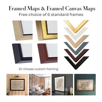 Thumbnail image showing standard framed map, standard framed canvas and custom framing finishes