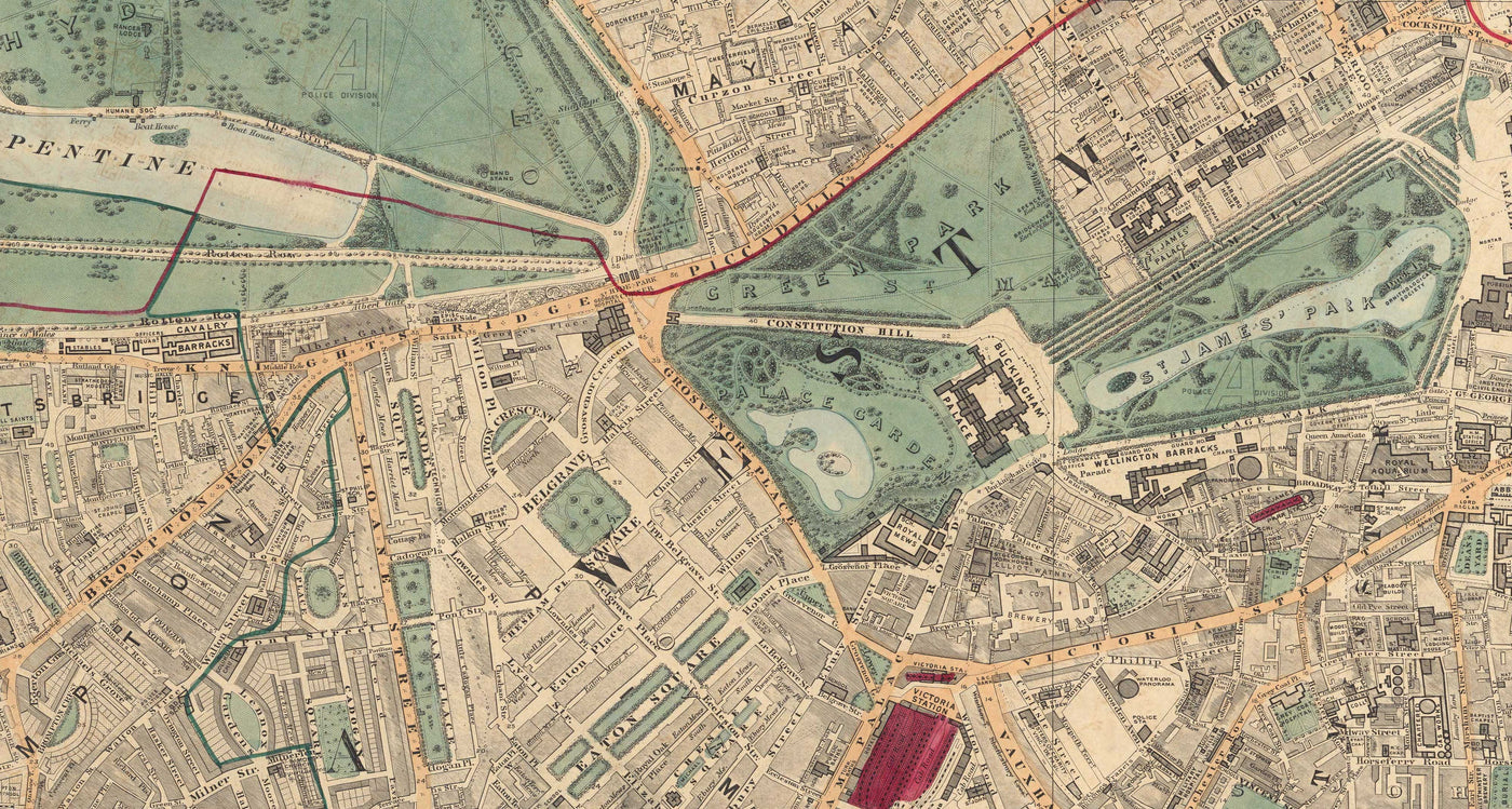 Alte Farbkarte von Central London, 1891 - Mayfair, Oxford Street, Westminster, Knightsbridge, Waterloo - W1, WC1, WC2, SW1, W2