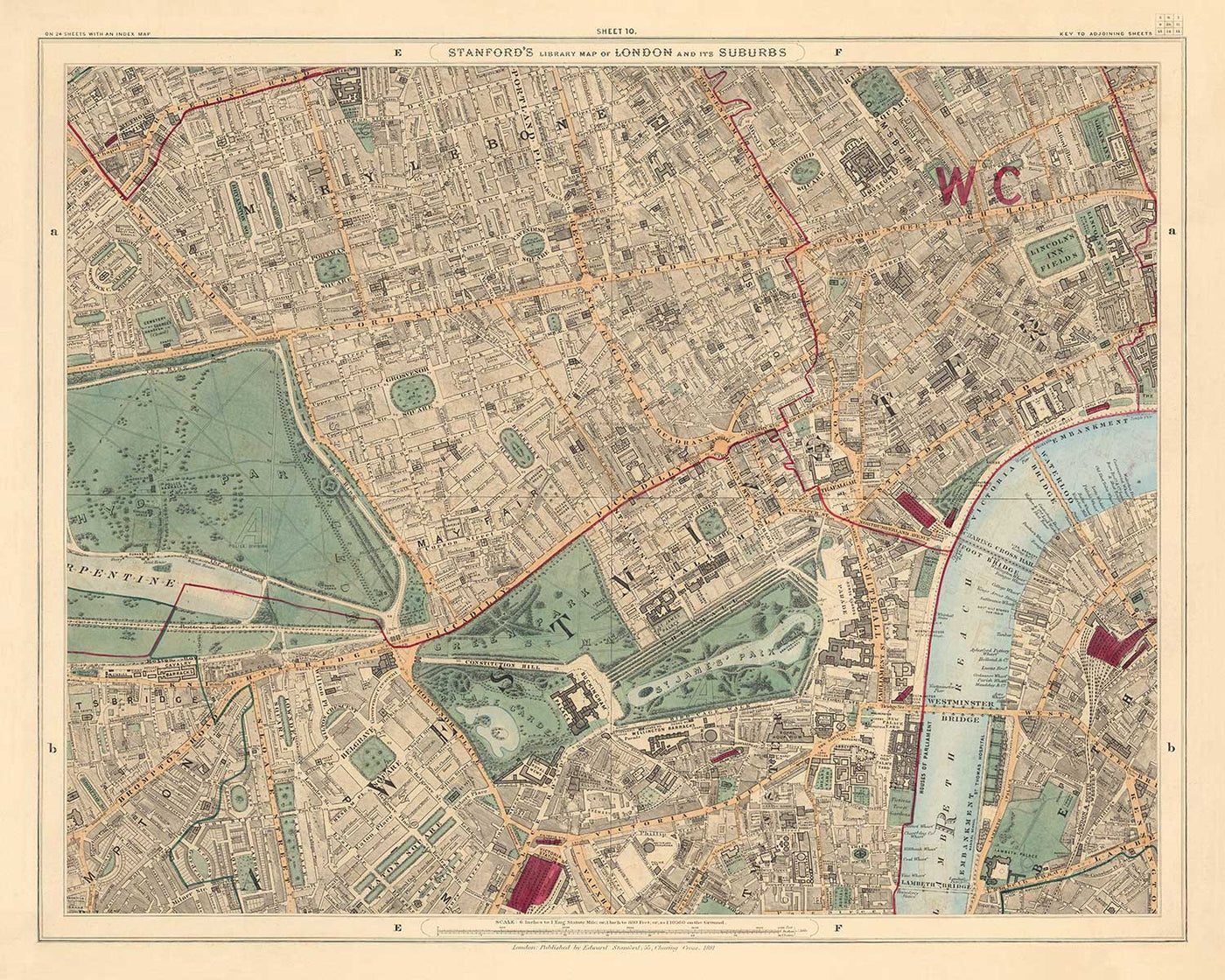 Antiguo mapa en color del centro de Londres, 1891 - Mayfair, Oxford Street, Westminster, Knightsbridge, Waterloo - W1, WC1, WC2, SW1, W2