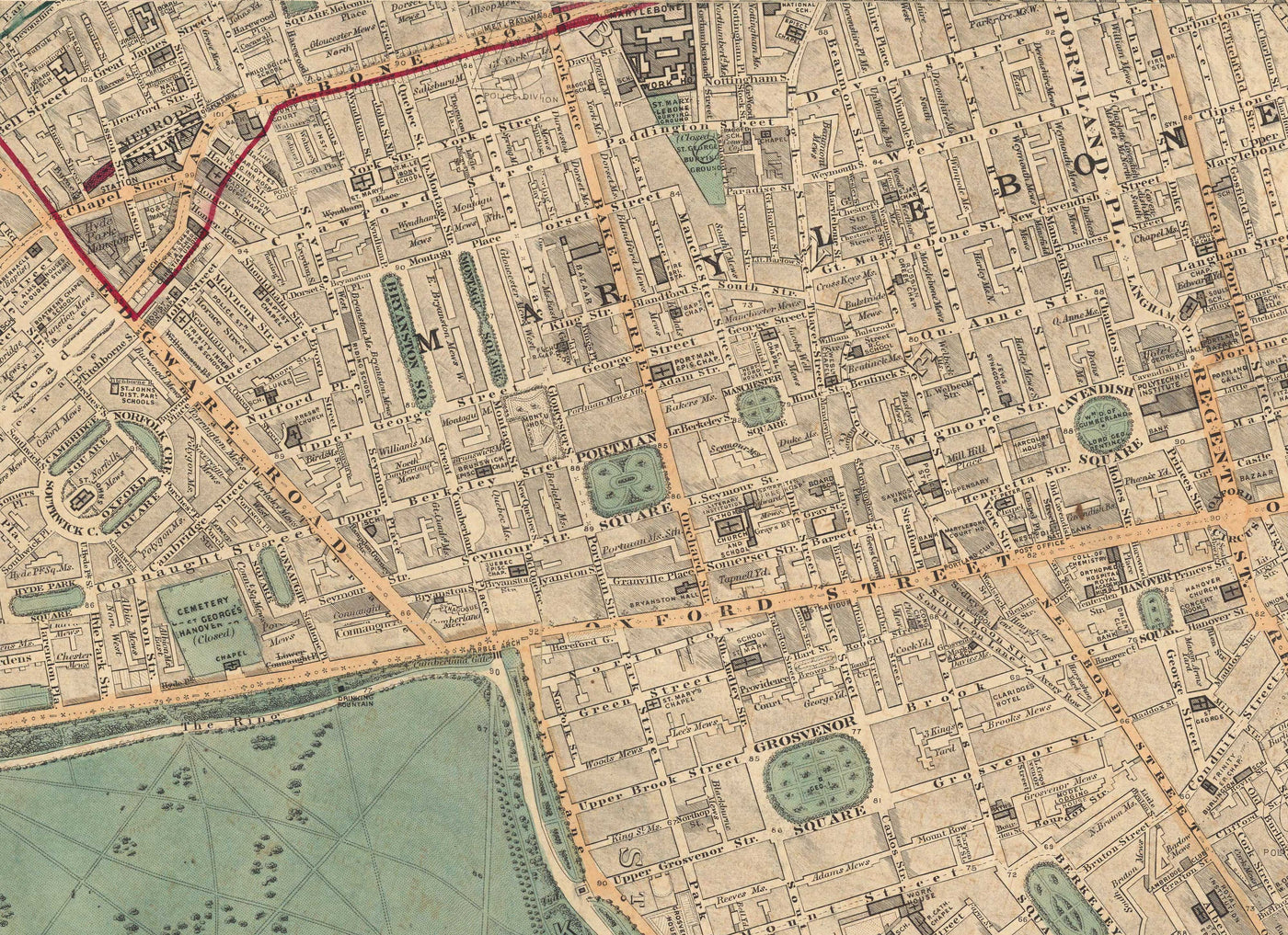 Ancienne carte en couleur du centre de Londres, 1891 - Mayfair, Oxford Street, Westminster, Knightsbridge, Waterloo - W1, WC1, WC2, SW1, W2