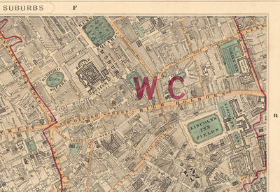 Alte Farbkarte von Central London, 1891 - Mayfair, Oxford Street, Westminster, Knightsbridge, Waterloo - W1, WC1, WC2, SW1, W2