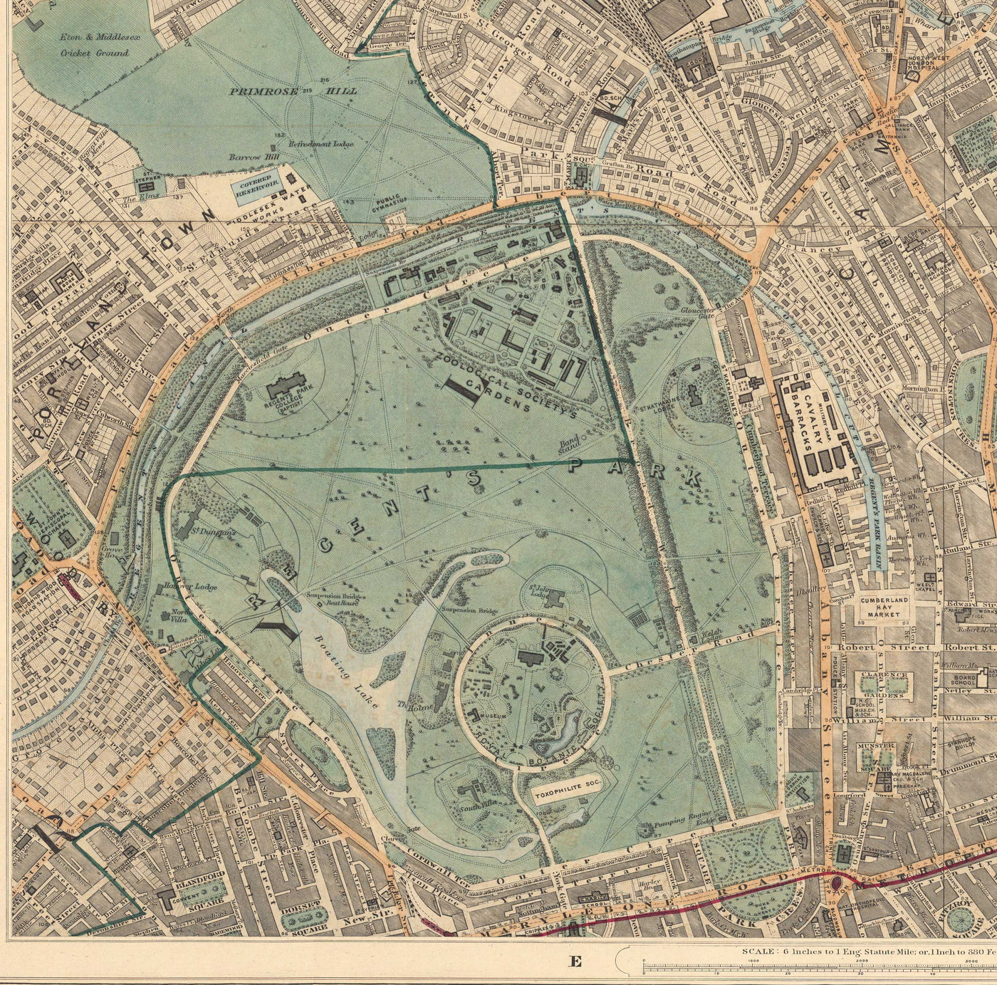 Antiguo mapa en color del norte de Londres, 1891 - Camden, Regents Park, Primrose Hill, Kentish Town, Kings Cross - NW1 N1C N7 NW5 NW3 NW8