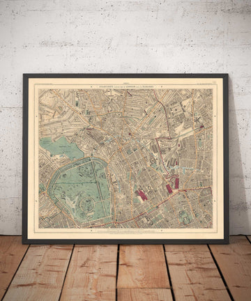 Antiguo mapa en color del norte de Londres, 1891 - Camden, Regents Park, Primrose Hill, Kentish Town, Kings Cross - NW1 N1C N7 NW5 NW3 NW8