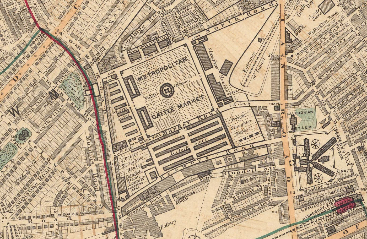 Antiguo mapa en color del norte de Londres, 1891 - Camden, Regents Park, Primrose Hill, Kentish Town, Kings Cross - NW1 N1C N7 NW5 NW3 NW8