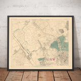 Ancienne carte en couleur du nord de Londres, 1891 - Hampstead, Cricklewood, Golders Green, Brent - NW2, NW3, NW11, NW4