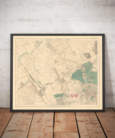 Antiguo mapa en color del norte de Londres, 1891 - Hampstead, Cricklewood, Golders Green, Brent - NW2, NW3, NW11, NW4