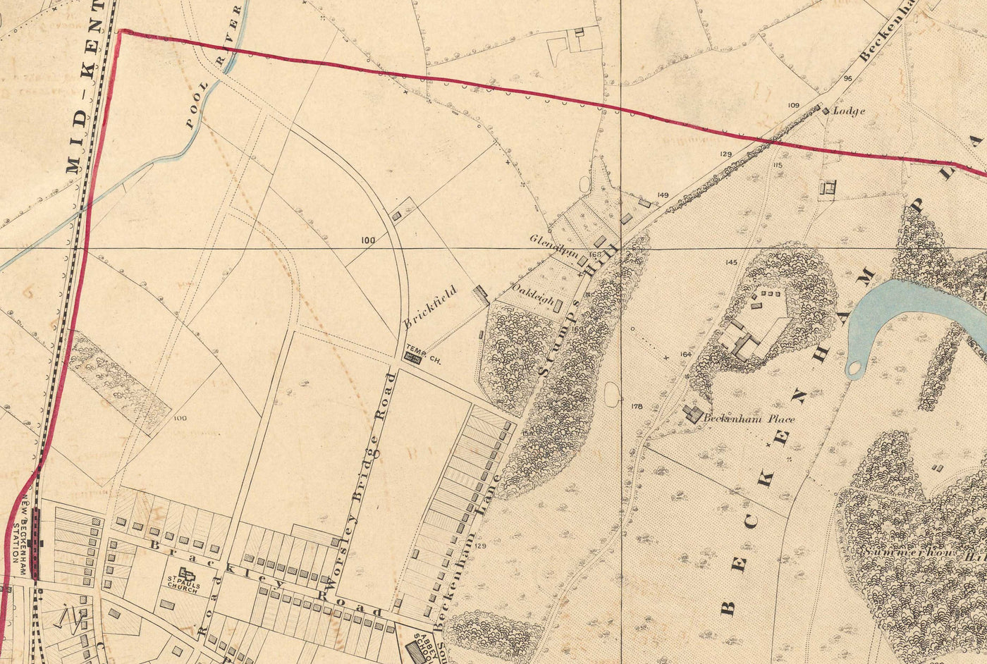 Antiguo mapa en color del sureste de Londres, 1891 - Bromley, Beckenham, Sydenham, Southend, Downham - SE26, SE6, BR1, BR2