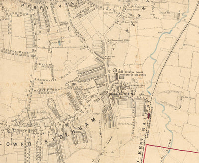 Alte Farbkarte von Südost-London, 1891 - Bromley, Beckenham, Sydenham, Southend, Downham - SE26, SE6, BR1, BR2