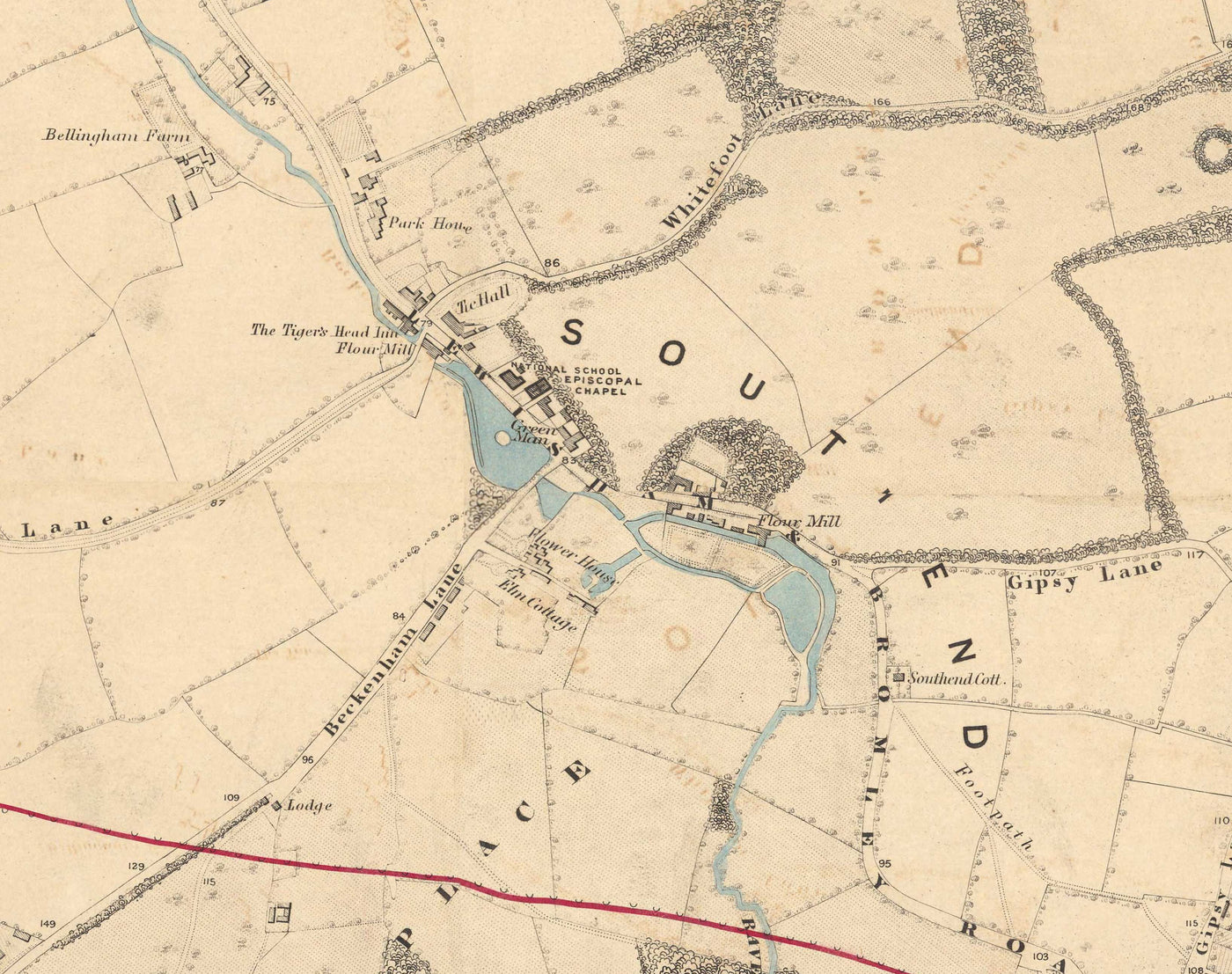 Ancienne carte en couleur du sud-est de Londres, 1891 - Bromley, Beckenham, Sydenham, Southend, Downham - SE26, SE6, BR1, BR2