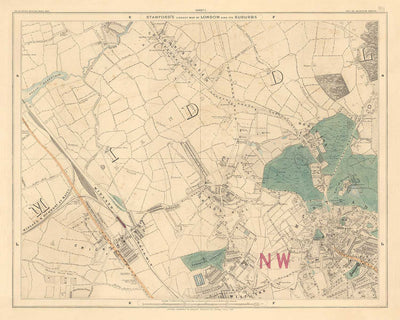 Ancienne carte en couleur du nord de Londres, 1891 - Hampstead, Cricklewood, Golders Green, Brent - NW2, NW3, NW11, NW4