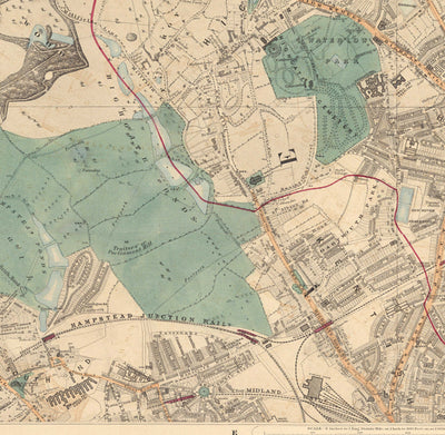 Antiguo mapa en color del norte de Londres en 1891 - Highgate, Hampstead Heath, Holloway, Crouch End - N6, N8, N19, N7, NW3 NW5