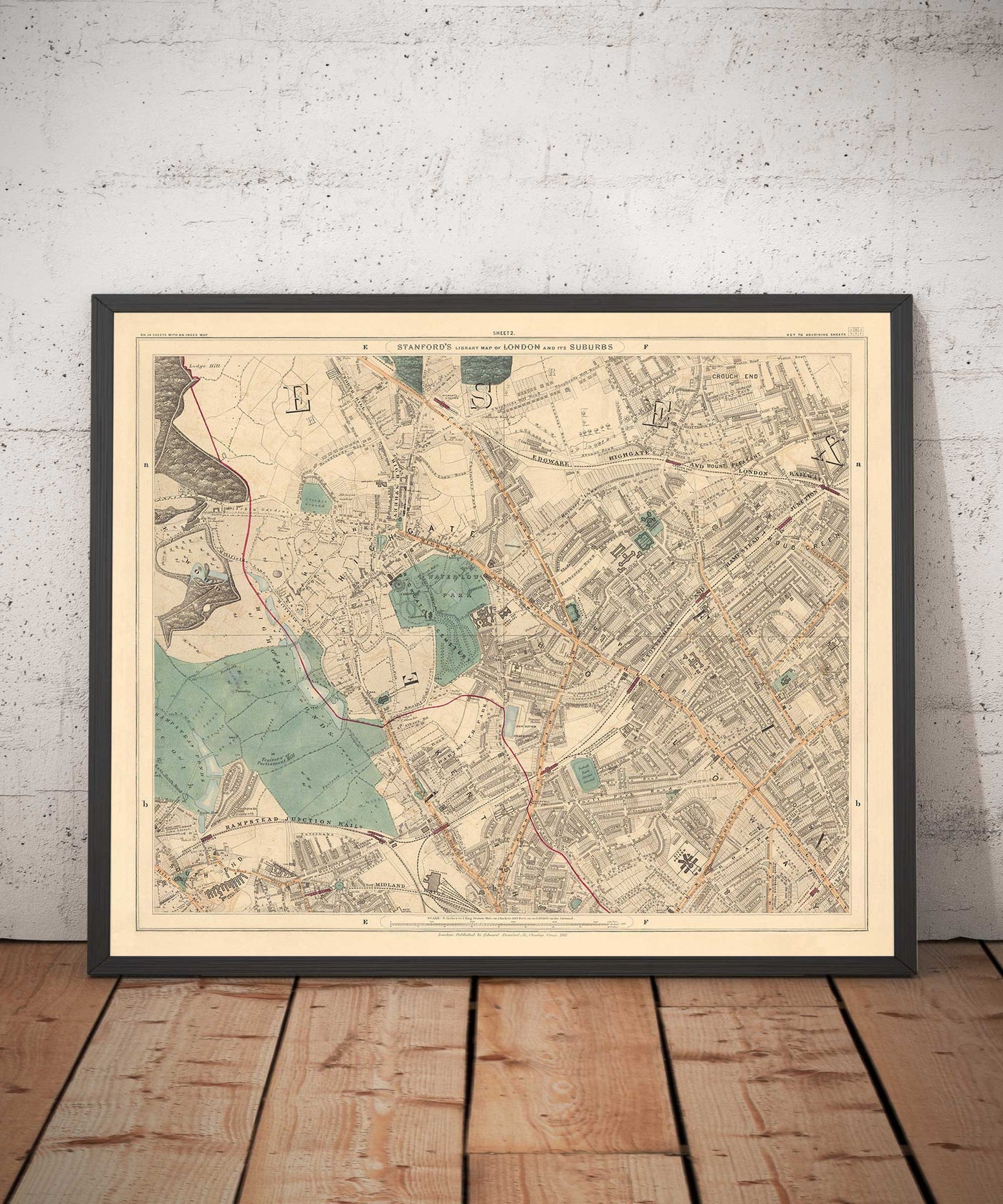 Antiguo mapa en color del norte de Londres en 1891 - Highgate, Hampstead Heath, Holloway, Crouch End - N6, N8, N19, N7, NW3 NW5