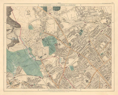Ancienne carte en couleur du nord de Londres en 1891 - Highgate, Hampstead Heath, Holloway, Crouch End - N6, N8, N19, N7, NW3 NW5