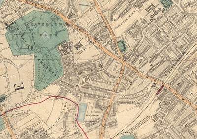 Alte Farbkarte von Nordlondon im Jahr 1891 - Highgate, Hampstead Heath, Holloway, Crouch End - N6, N8, N19, N7, NW3 NW5