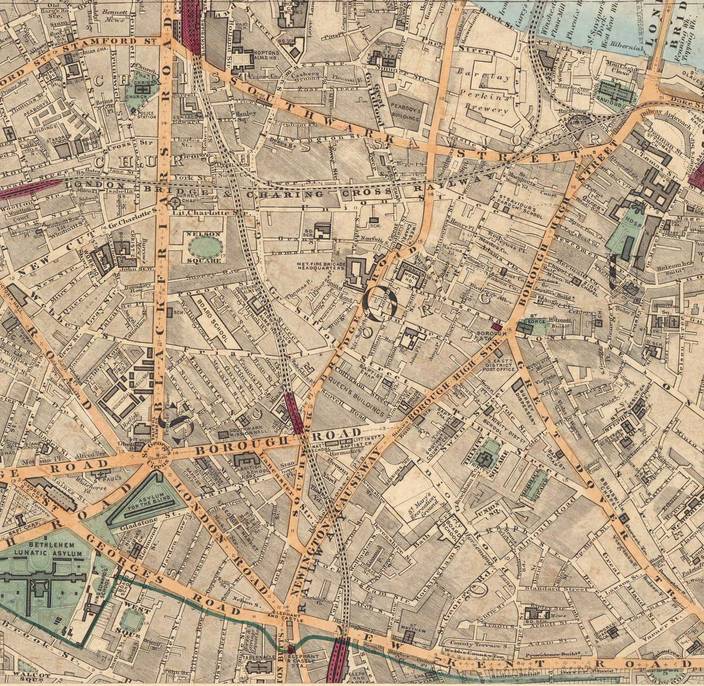 Ancienne carte en couleur de la ville de Londres, 1891 - London Bridge, St Pauls, Liverpool St, Bank, Finsbury, Southwark - EC1 EC2 EC3 EC4 E1 SE1
