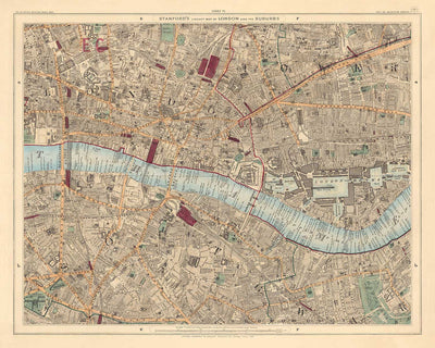 Alte Farbkarte der Stadt London, 1891 - London Bridge, St Pauls, Liverpool St, Bank, Finsbury, Southwark - EC1 EC2 EC3 EC4 E1 SE1
